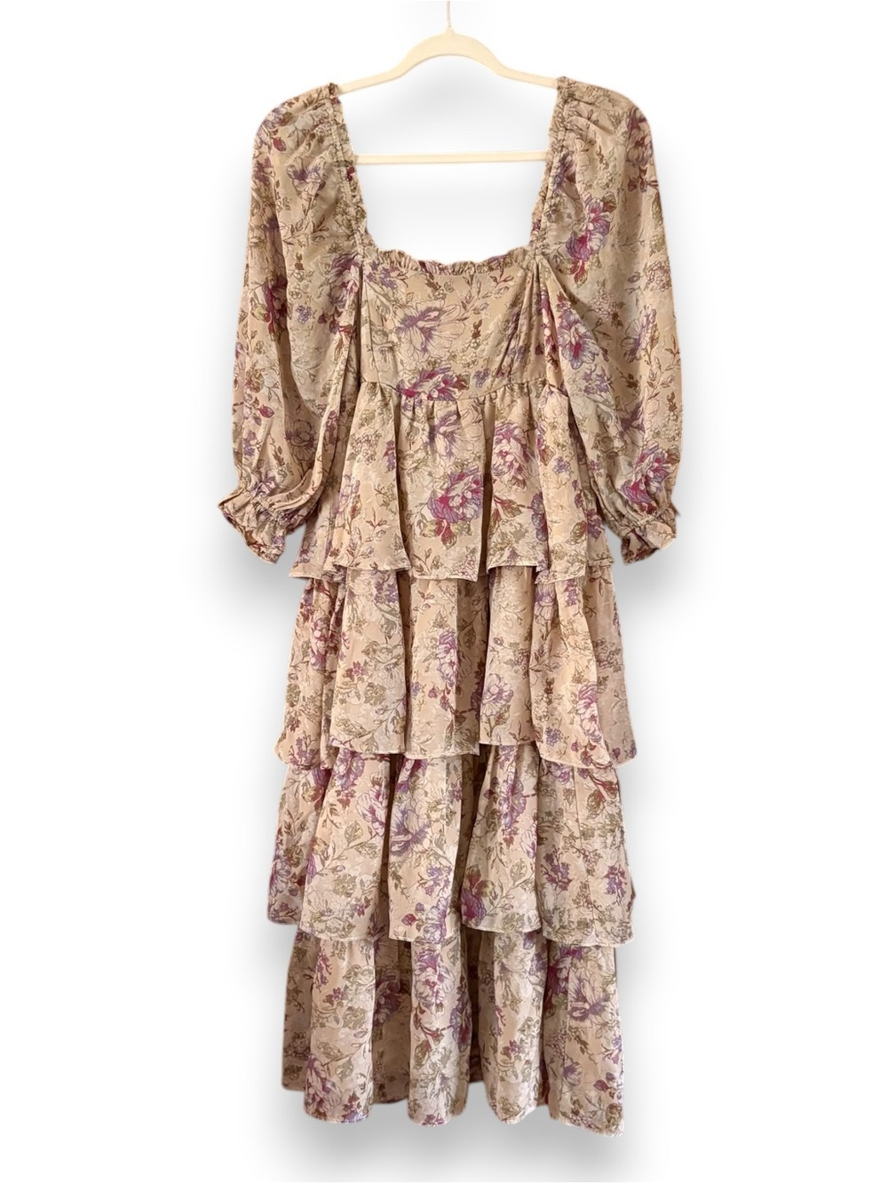 Storia Square Neck Puff Sleeve Floral Tiered Midi Dress NWT Size Small Cottage
